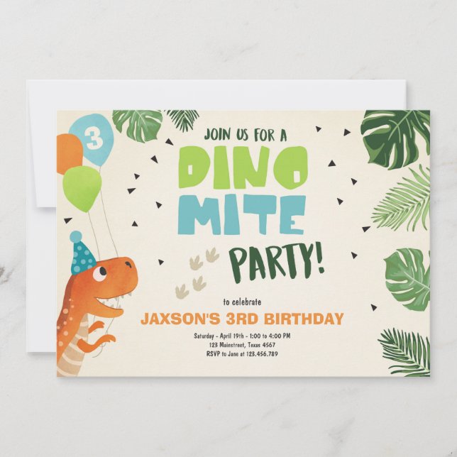 Dinosaur birthday invitation Dino mite T-Rex party (Front)