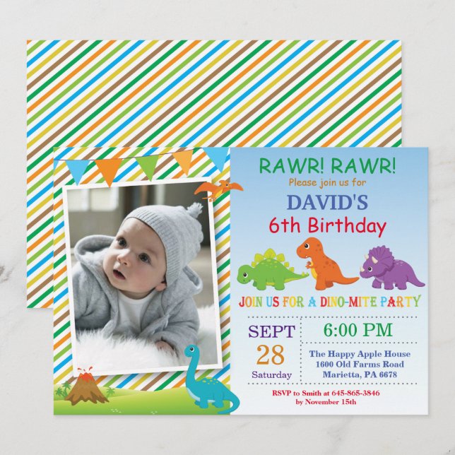 Dinosaur Birthday Invitation Dino Party (Front/Back)