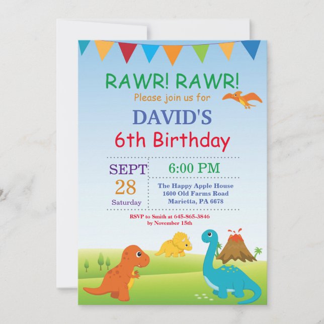 Dinosaur Birthday Invitation Dino Party (Front)