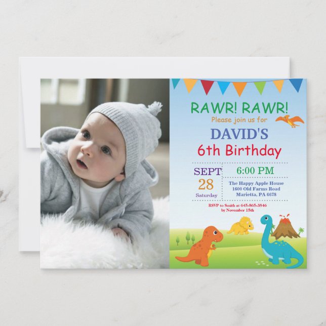 Dinosaur Birthday Invitation Dino Party (Front)