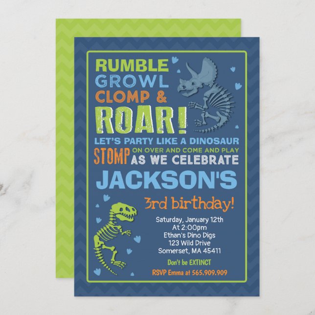 Dinosaur Birthday Invitation Dinosaur Fossil Party (Front/Back)