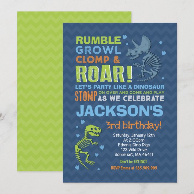 Dinosaur Birthday Invitation Dinosaur Fossil Party (Front/Back)