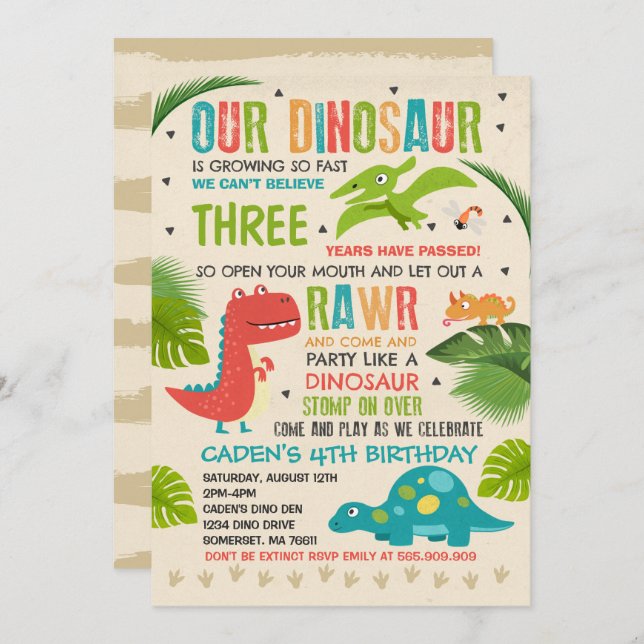 Dinosaur Birthday Invitation Dinosaur T-Rex Party (Front/Back)