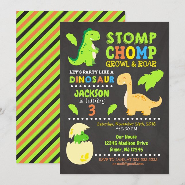 Dinosaur Birthday Invitation for a Boy (Front/Back)