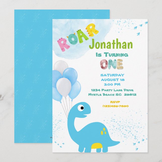 Dinosaur Birthday Invitation for a Boy (Front/Back)