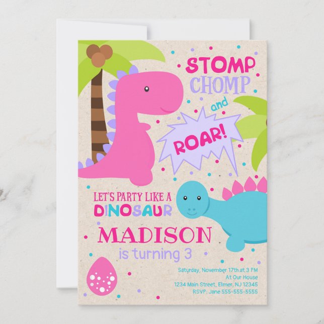 Dinosaur Birthday Invitation for a Girl (Front)