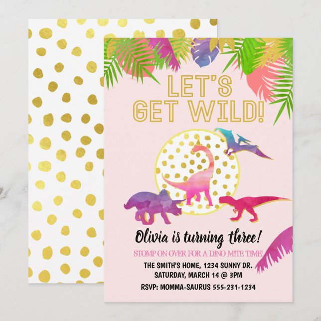 Dinosaur Birthday Invitation Girl Birthday (Front/Back)