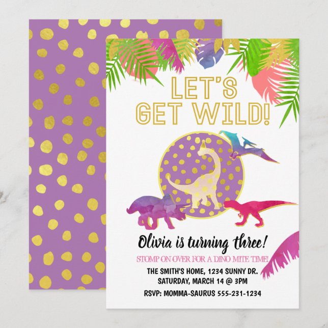 Dinosaur Birthday Invitation Girl Birthday Purple (Front/Back)