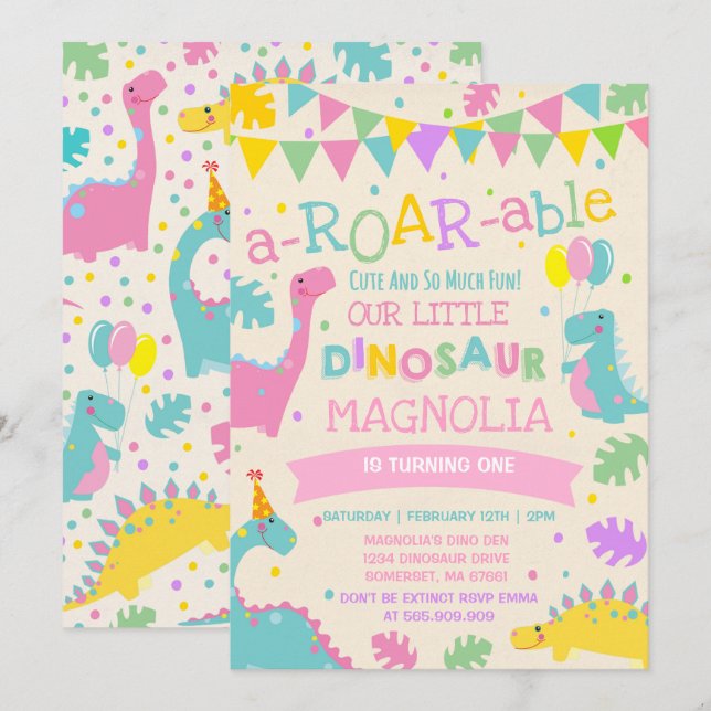 Dinosaur Birthday Invitation Girl Dinosaur Party (Front/Back)