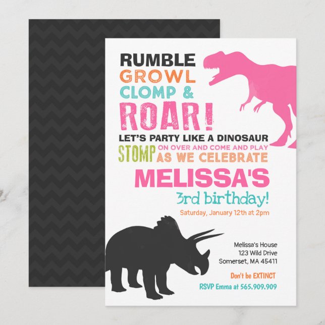 Dinosaur Birthday Invitation Girl Dinosaur Party (Front/Back)