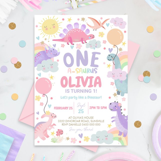 DINOSAUR BIRTHDAY Invitation Girl One-a-saurus (Girl Dinosaur 1st Birthday Invitation)