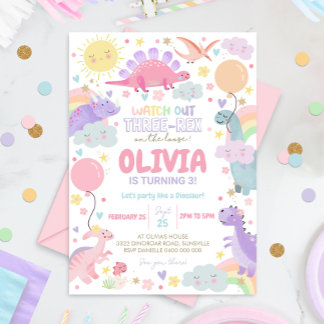 DINOSAUR BIRTHDAY Invitation Girl Three Rex