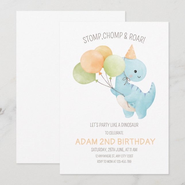 Dinosaur Birthday Invitation, Minimalist t rex  Invitation (Front/Back)