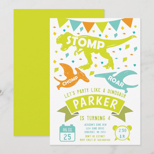 Dinosaur Birthday Invitation Modern Colourful (Front/Back)