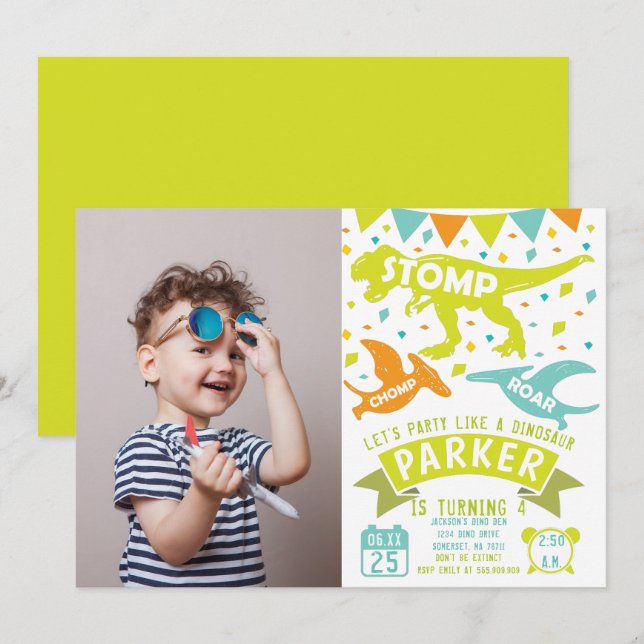 Dinosaur Birthday Invitation Modern Photo (Front/Back)