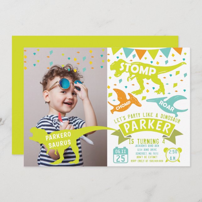 Dinosaur Birthday Invitation Modern Photo (Front/Back)