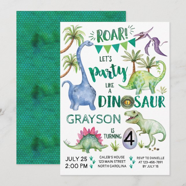 Dinosaur Birthday Invitation Party Like a Dinosaur (Front/Back)