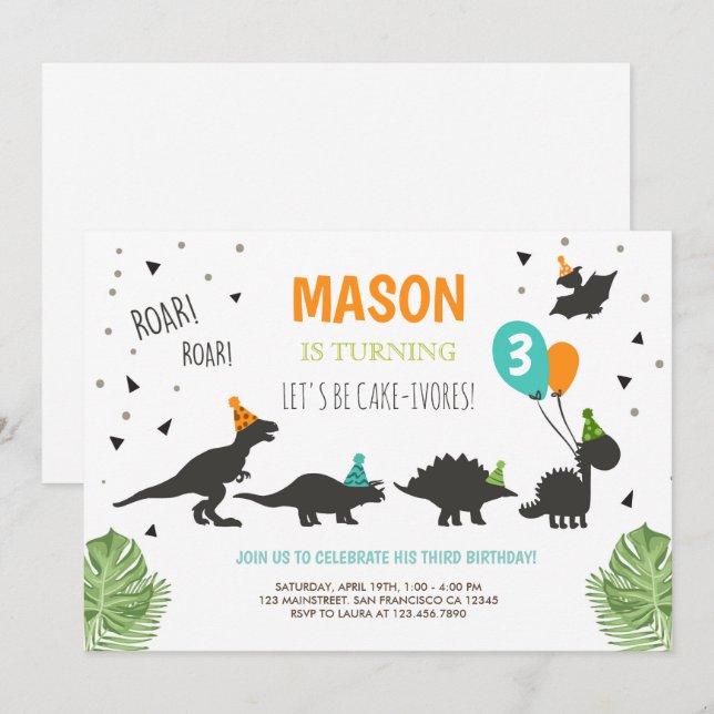 Dinosaur Birthday Invitation ROAR Dino (Front/Back)