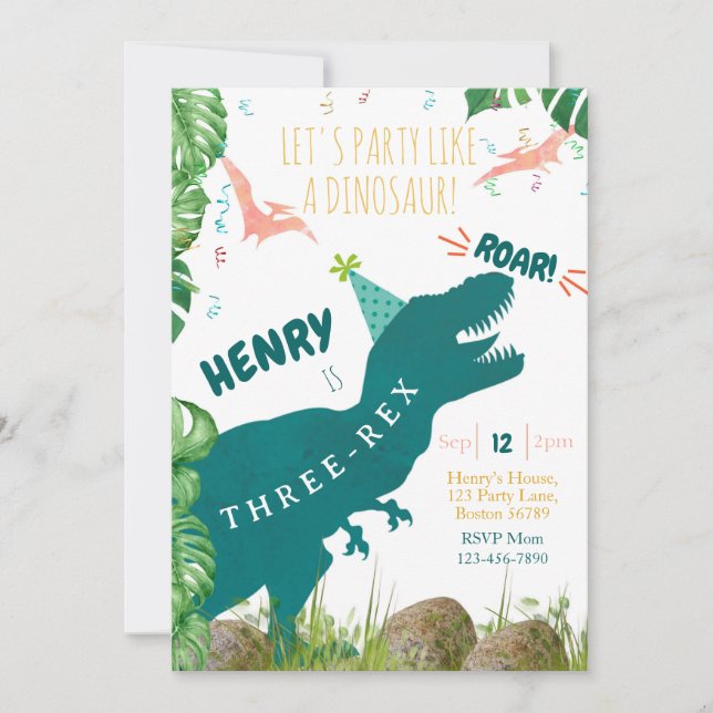 Dinosaur Birthday Invitation Three Rex Invitation  (Front)