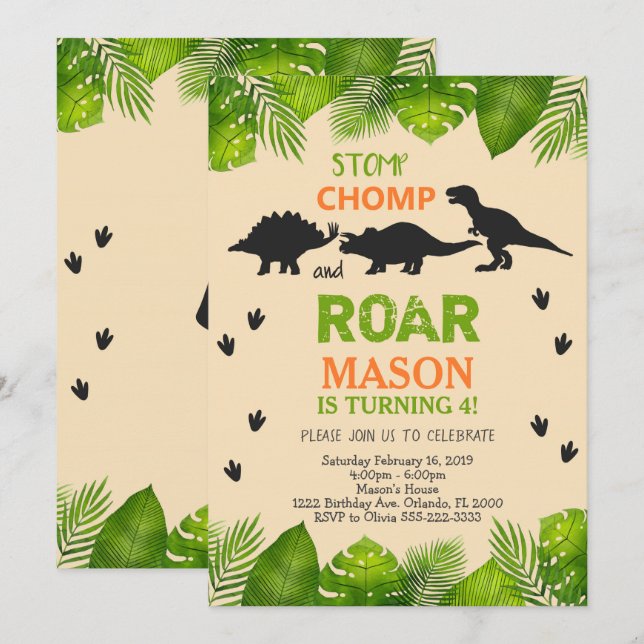 Dinosaur Birthday Invitation with Leaves (Front/Back)