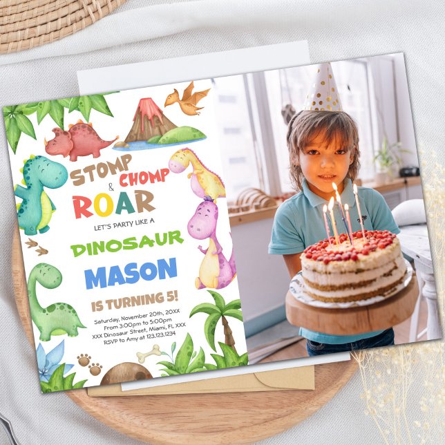Dinosaur Birthday Invitation with Photo (Green Watercolor Dinosaur Birthday photo Invitation)