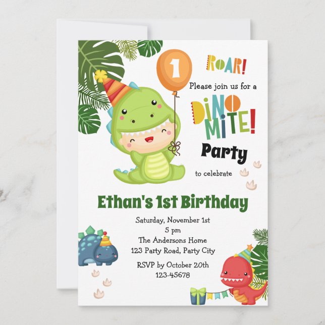 Dinosaur Birthday Invitations Boy 1st Cute Dino (Front)