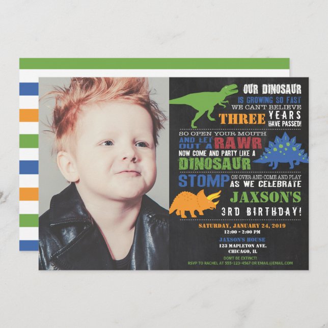 Dinosaur birthday invitations boy photo invitation (Front/Back)