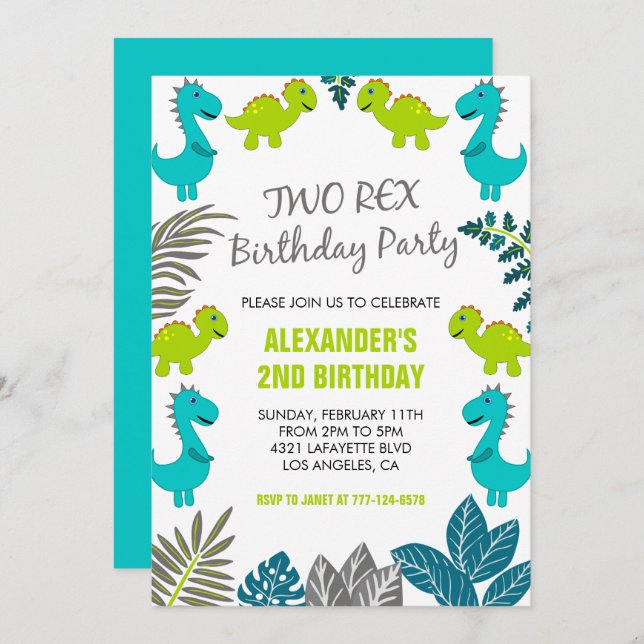 Dinosaur birthday invitations two rex party jungle (Front/Back)
