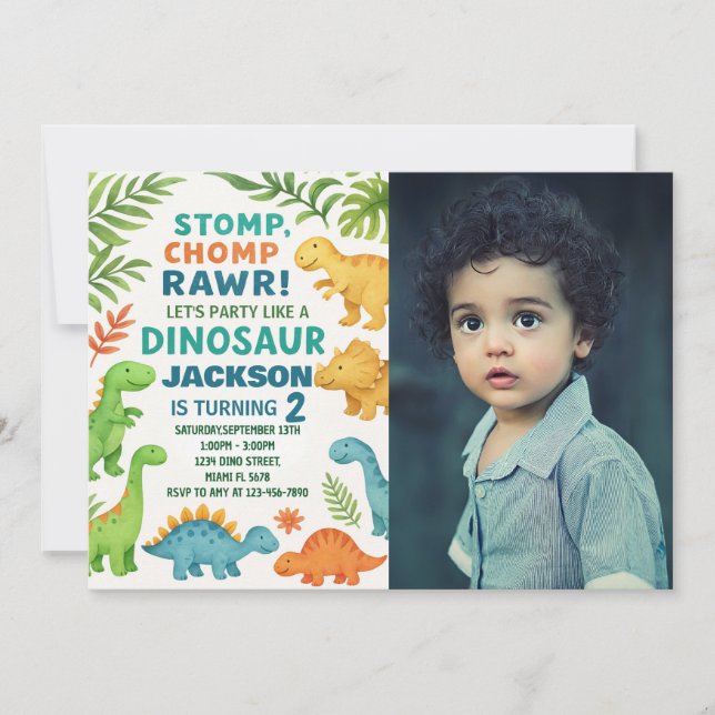 Dinosaur Birthday Invitations with photo (Front)