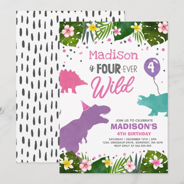 Dinosaur Birthday Invite Four Ever Wild Dino Party (Front/Back)