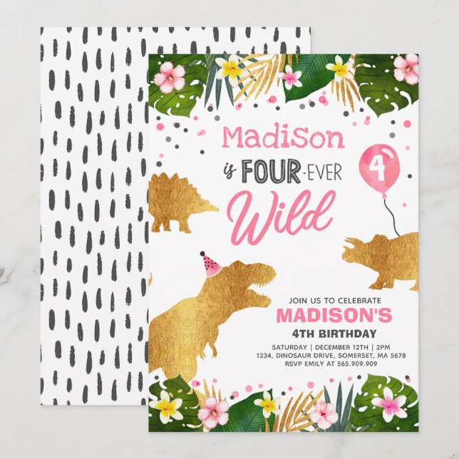 Dinosaur Birthday Invite Four Ever Wild Dino Party (Front/Back)