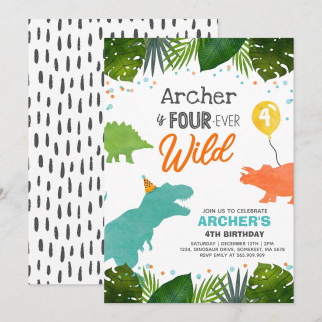 Dinosaur Birthday Invite Four Ever Wild Dino Party (Front/Back)