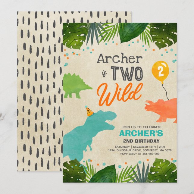 Dinosaur Birthday Invite Two Wild Dinosaur Party (Front/Back)
