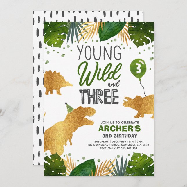 Dinosaur Birthday Invite Wild And Three Dino Party (Front/Back)
