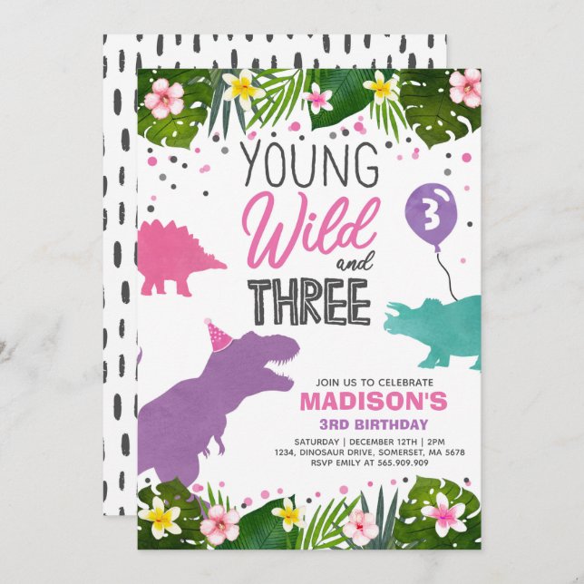 Dinosaur Birthday Invite Wild And Three Dino Party (Front/Back)