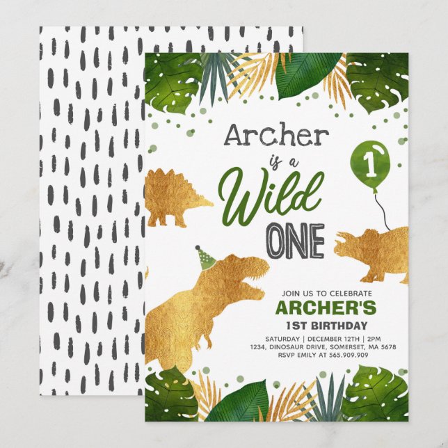 Dinosaur Birthday Invite Wild One Dinosaur Party (Front/Back)