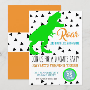 Dinosaur Birthday Kids Invitations Neon Green