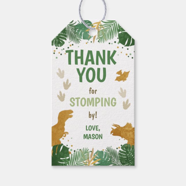 Dinosaur Birthday Labels Boy Dino Party Green Gold (Front)