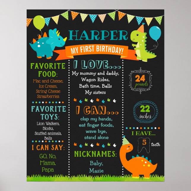 Dinosaur Birthday Milestone Sign Chalkboard Poster (Front)