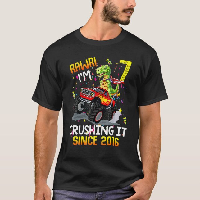 Dinosaur Birthday Monster Truck Rawr I'm 7 Crushin T-Shirt (Front)
