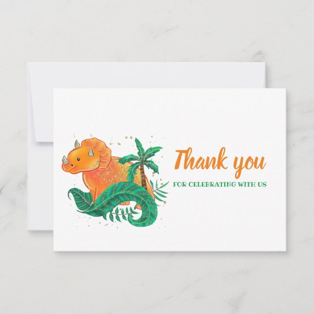 Dinosaur Birthday | Orange Triceratops Thank You (Front)