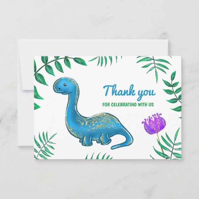 Dinosaur Birthday Party | Blue Dino Thank You Card (Front)