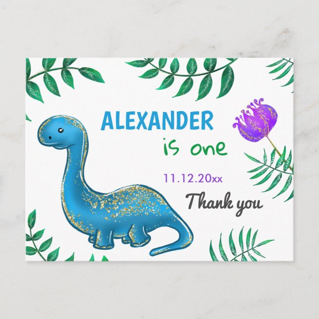 Dinosaur Birthday Party | Blue Dino Thank You Postcard (Front)