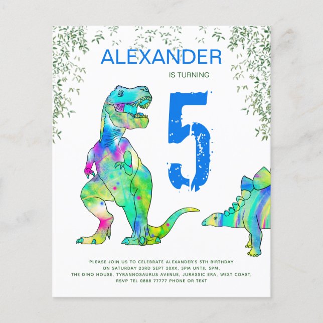 Dinosaur Birthday Party Budget Invitation blue Fly Flyer (Front)