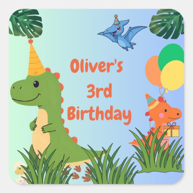 Dinosaur Birthday Party- Cute Dino Theme Square Sticker (Front)