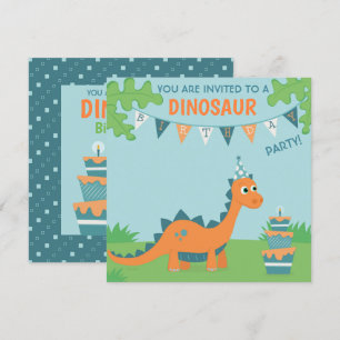Dinosaur birthday party, cute orange cartoon dino invitation