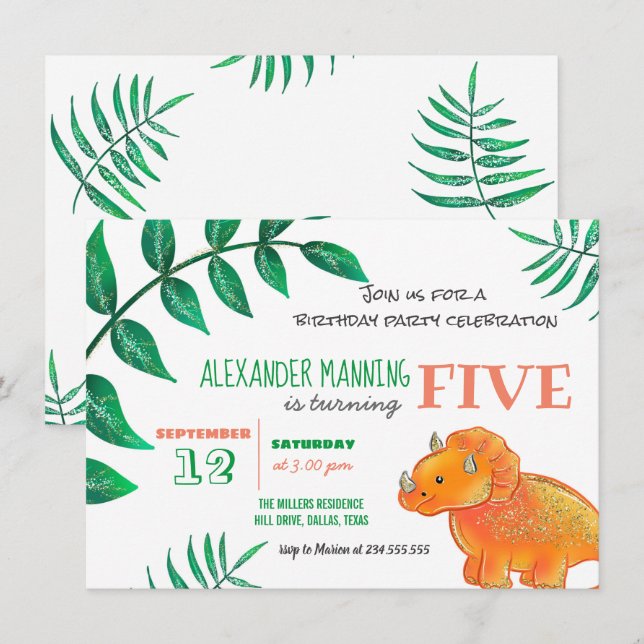 Dinosaur Birthday Party | Cute Orange Triceratops Invitation (Front/Back)
