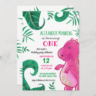 Dinosaur Birthday Party   Cute T-Rex Pink Invitation