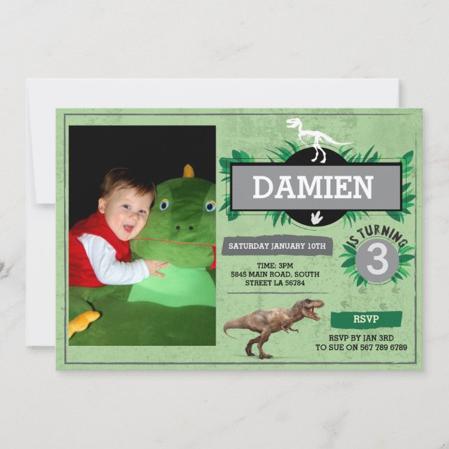 Dinosaur Birthday Party Dino Dig Trex Photo Invite (Front)