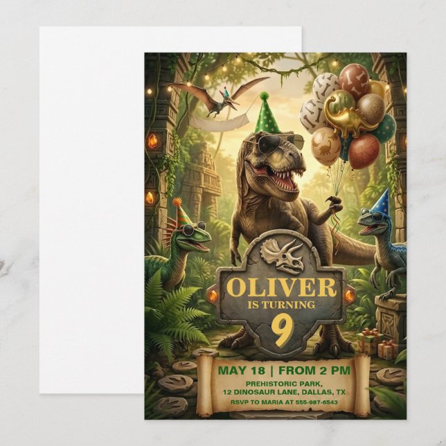 DInosaur Birthday Party Invitation Card (Front/Back)